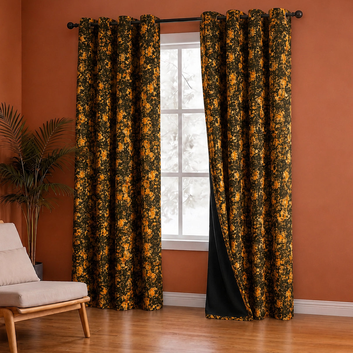 Imprimer Abstract - Digital Printed Blackout Curtain (Black & Mustard)
