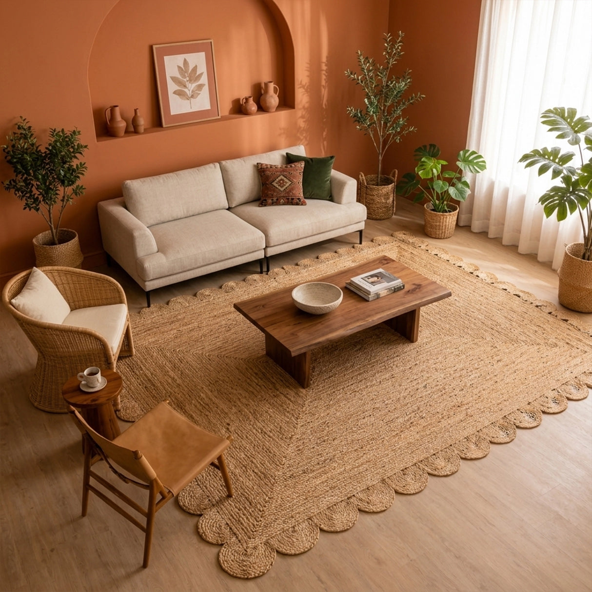 Natural Scalloped Jute Area Rug - Rectangular