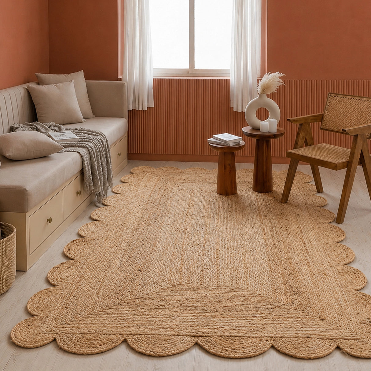 Natural Scalloped Jute Area Rug - Rectangular