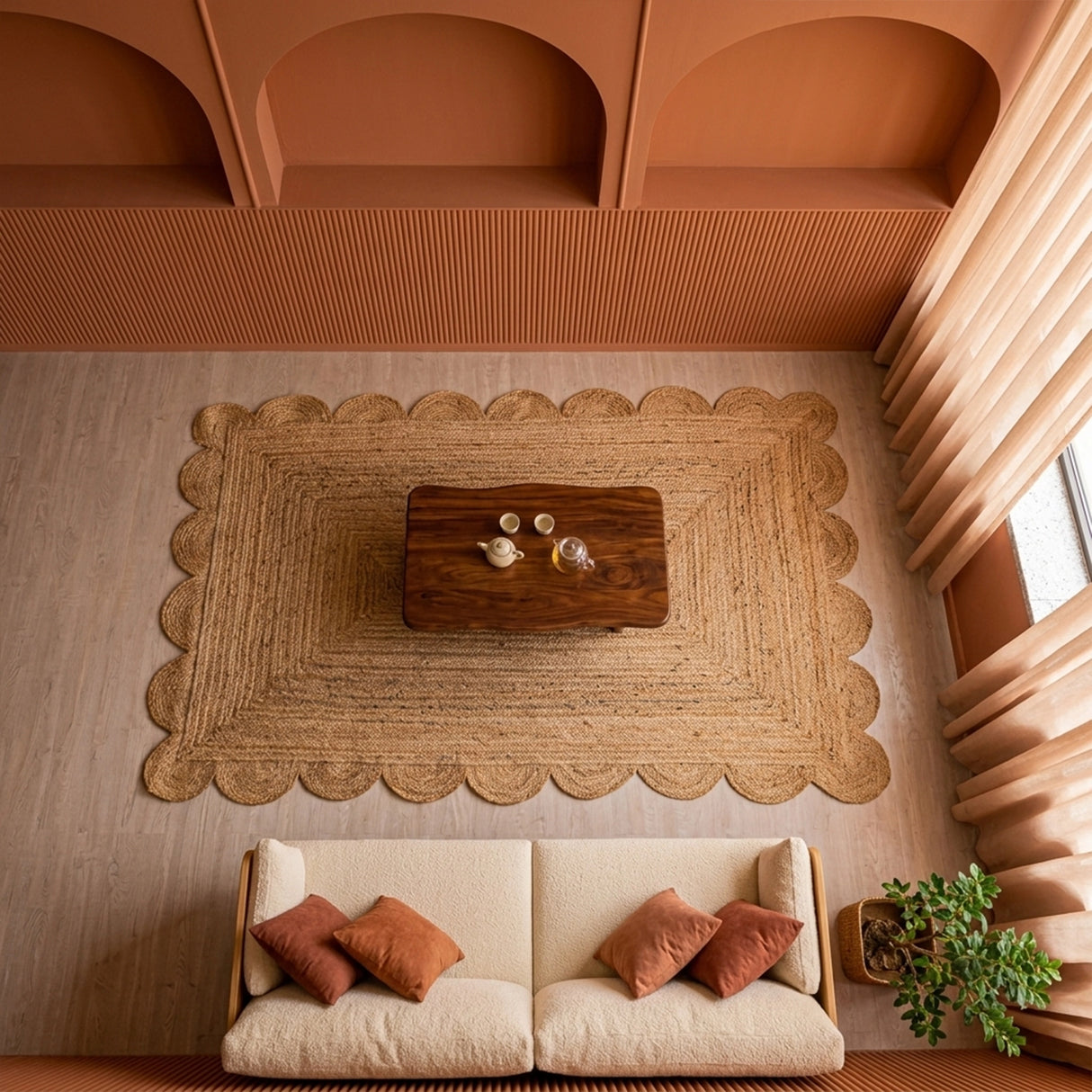 Natural Scalloped Jute Area Rug - Rectangular