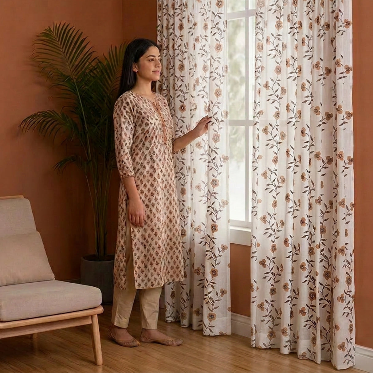 White Floral Velora Wines Rod Pocket Printed Sheer Curtain
