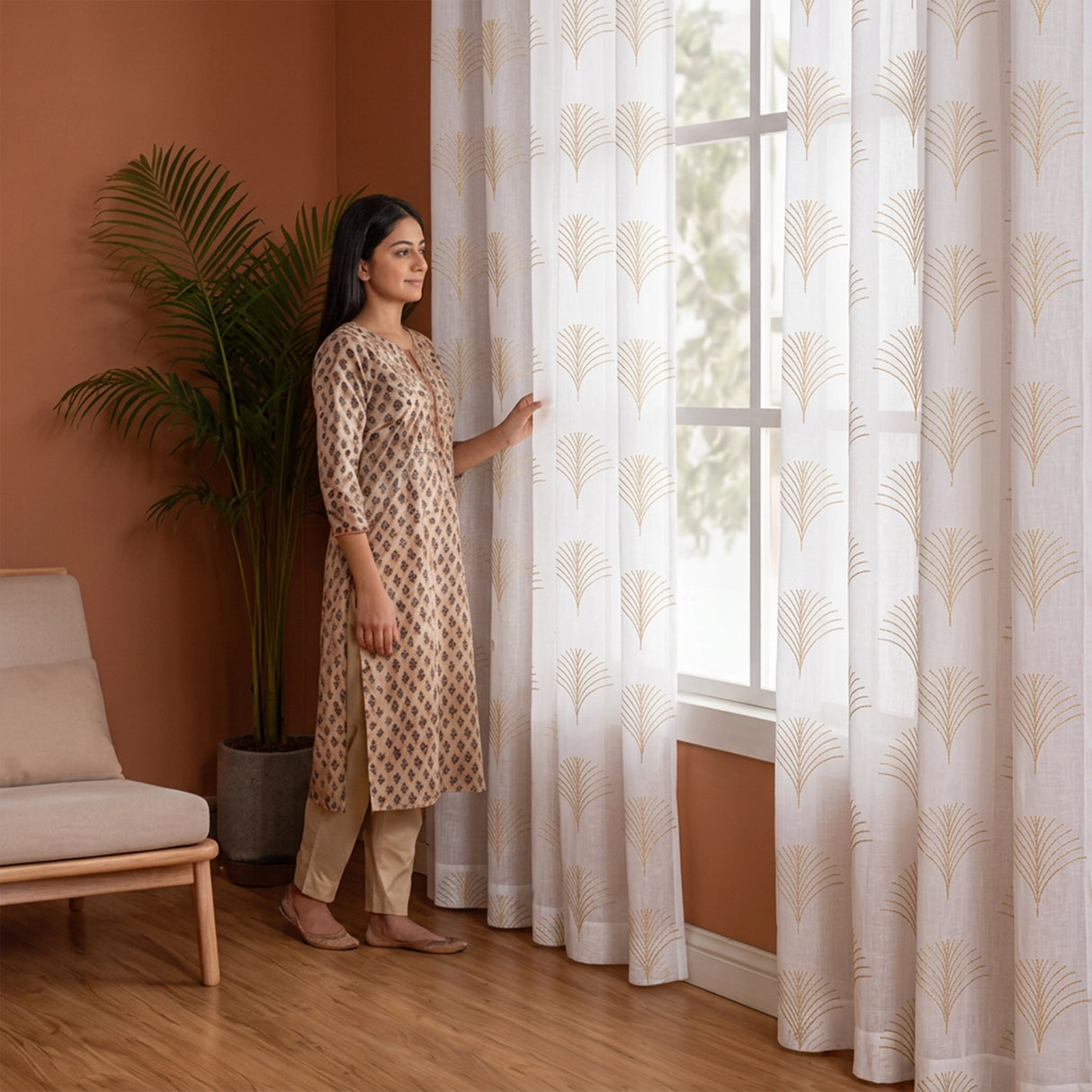 Imprimer Palmetto Plume - Gold Tree Printed Eyelet Sheer Curtain