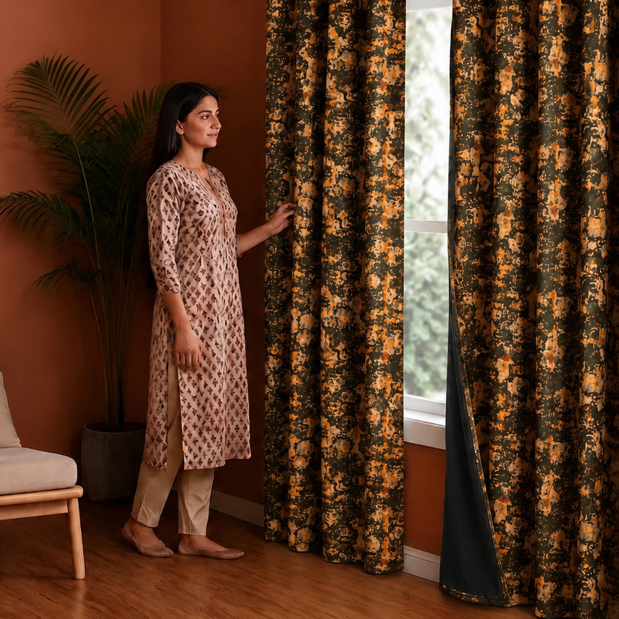 Imprimer Abstract - Rod Pocket DP Blackout Curtain (Black & Mustard)