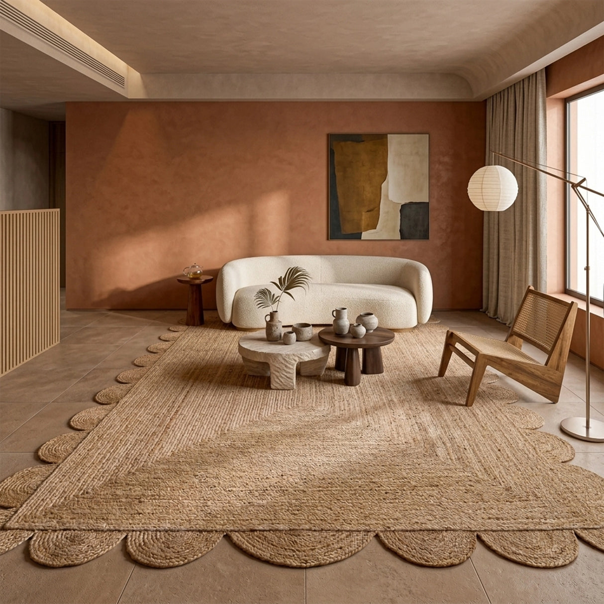 Natural Scalloped Jute Area Rug - Rectangular