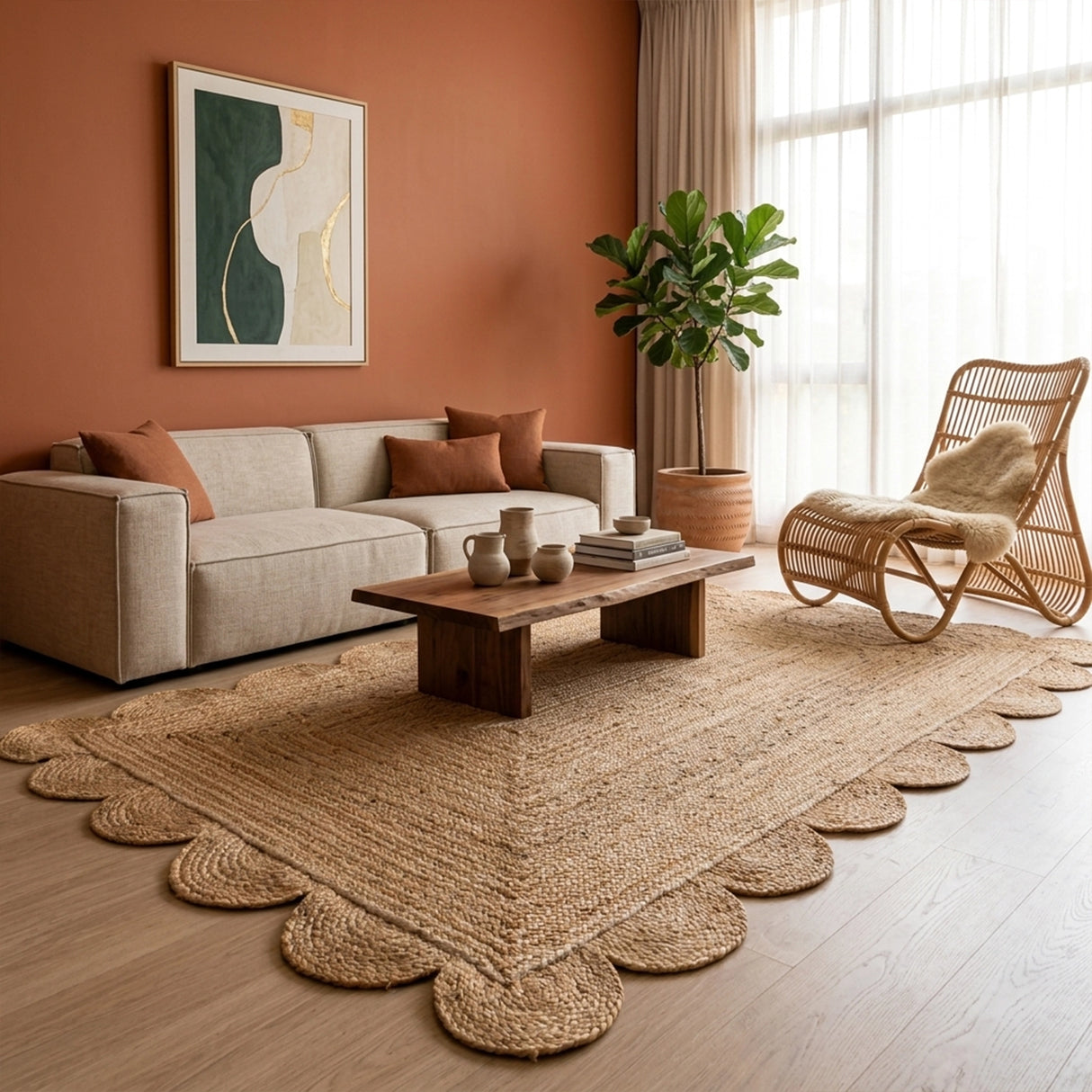 Natural Scalloped Jute Area Rug - Rectangular