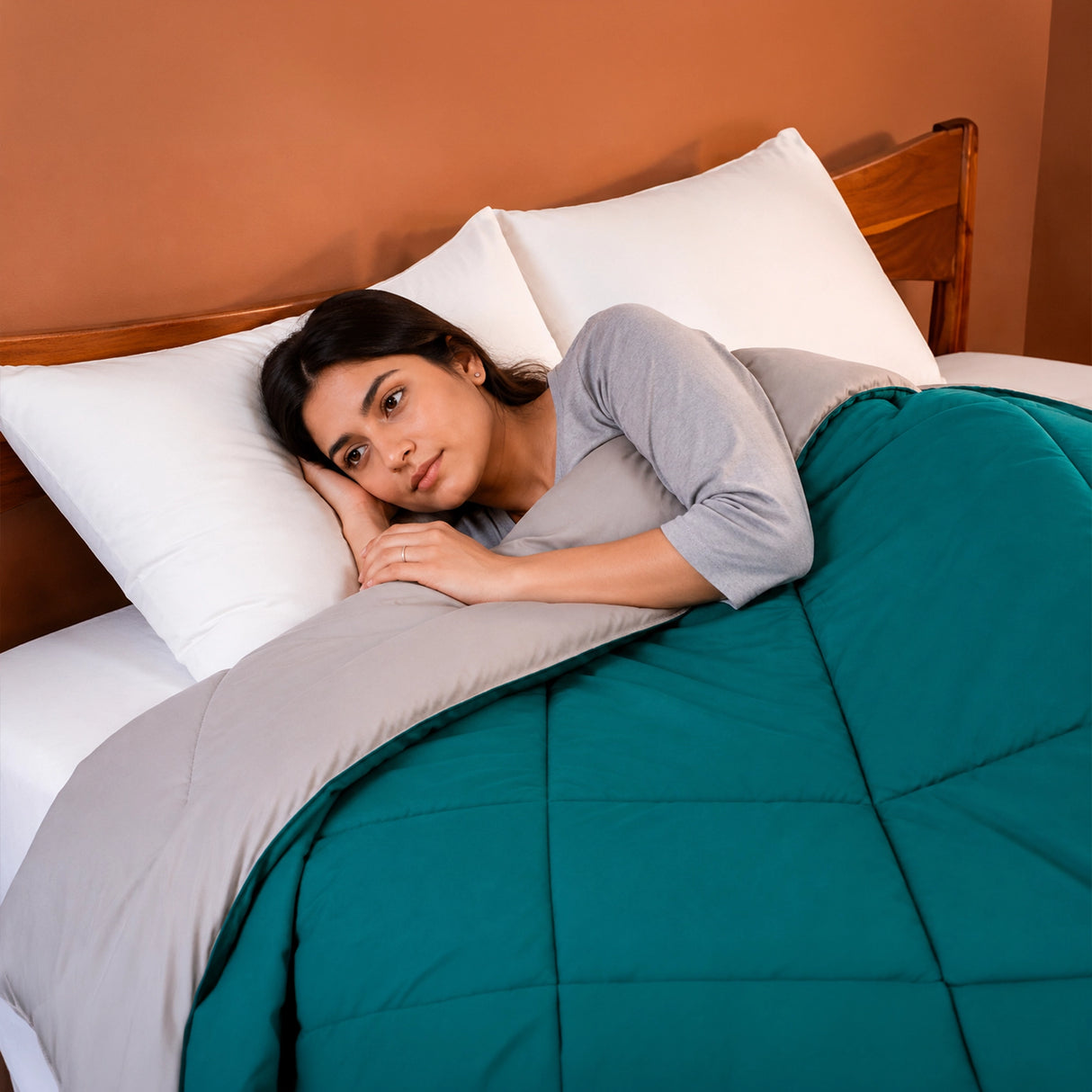Fort - Box Stitch Duvet Comforter (Teal & Light Grey)