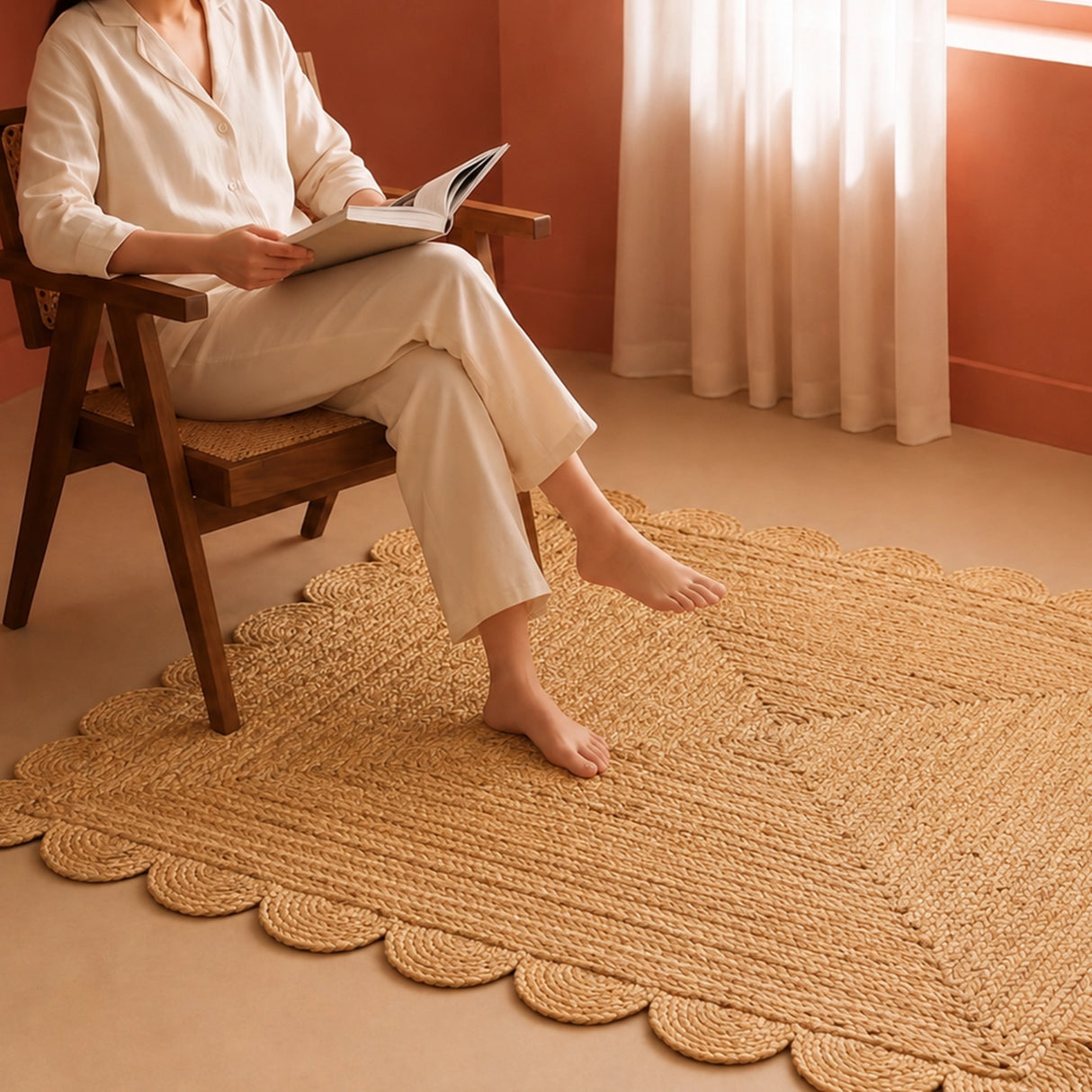 Natural Scalloped Jute Area Rug - Rectangular