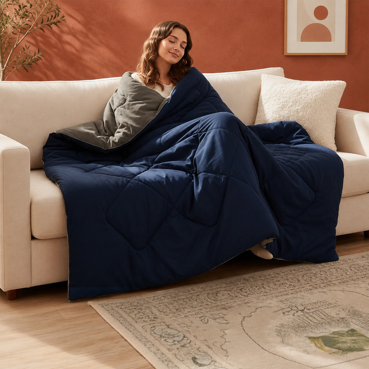 Fort - Box Stitch Duvet Comforter (Dark Blue & Light Grey)