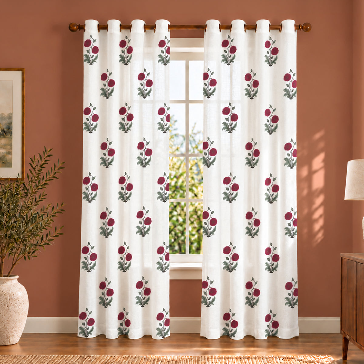 Fort Absolute - Eyelet Red Rose Sheer Curtain