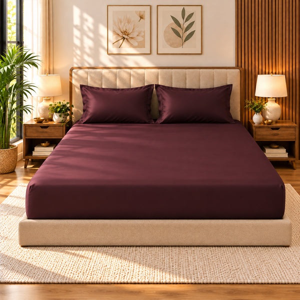 Premium Poly Satin Fitted Bedsheet – Soft, Smooth & Snug Fit, Burgundy