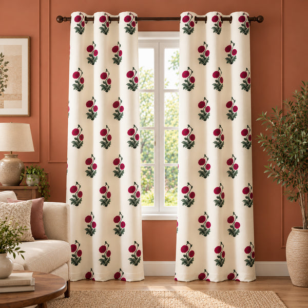 Red Rose Printed Eyelet Duck Curtain