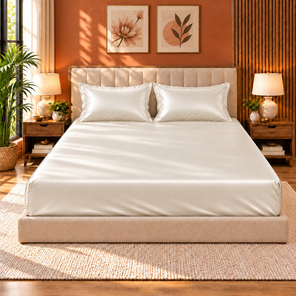 Premium Poly Satin Fitted Bedsheet – Soft, Smooth & Snug Fit,Vanilla