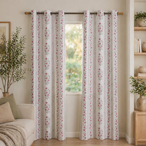 Pink Floral Petal Stripe Eyelet Printed Sheer Curtain
