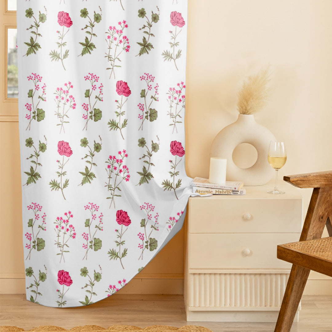 Pink Floral Printed Rod Pocket Duck Curtain