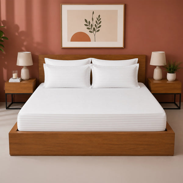 Breton Drift - Satin Stripes Fitted Bedsheet (White)