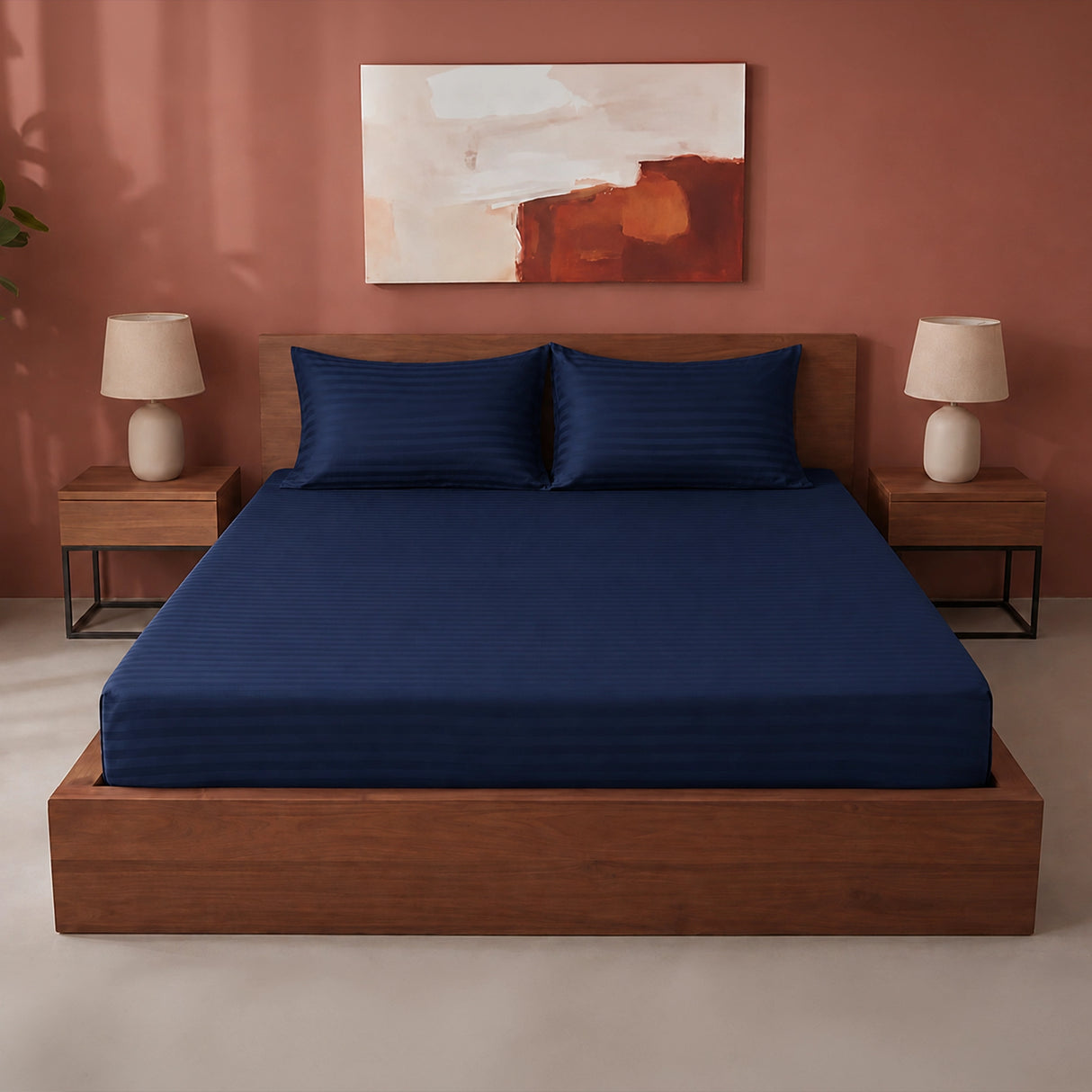 Breton Drift - Satin Stripes Fitted Bedsheet (Dark Blue)