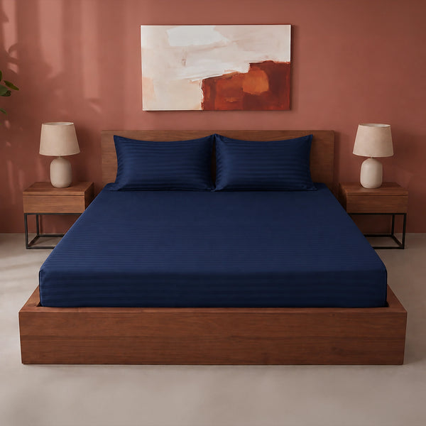 Breton Drift - Satin Stripes Fitted Bedsheet (Dark Blue)