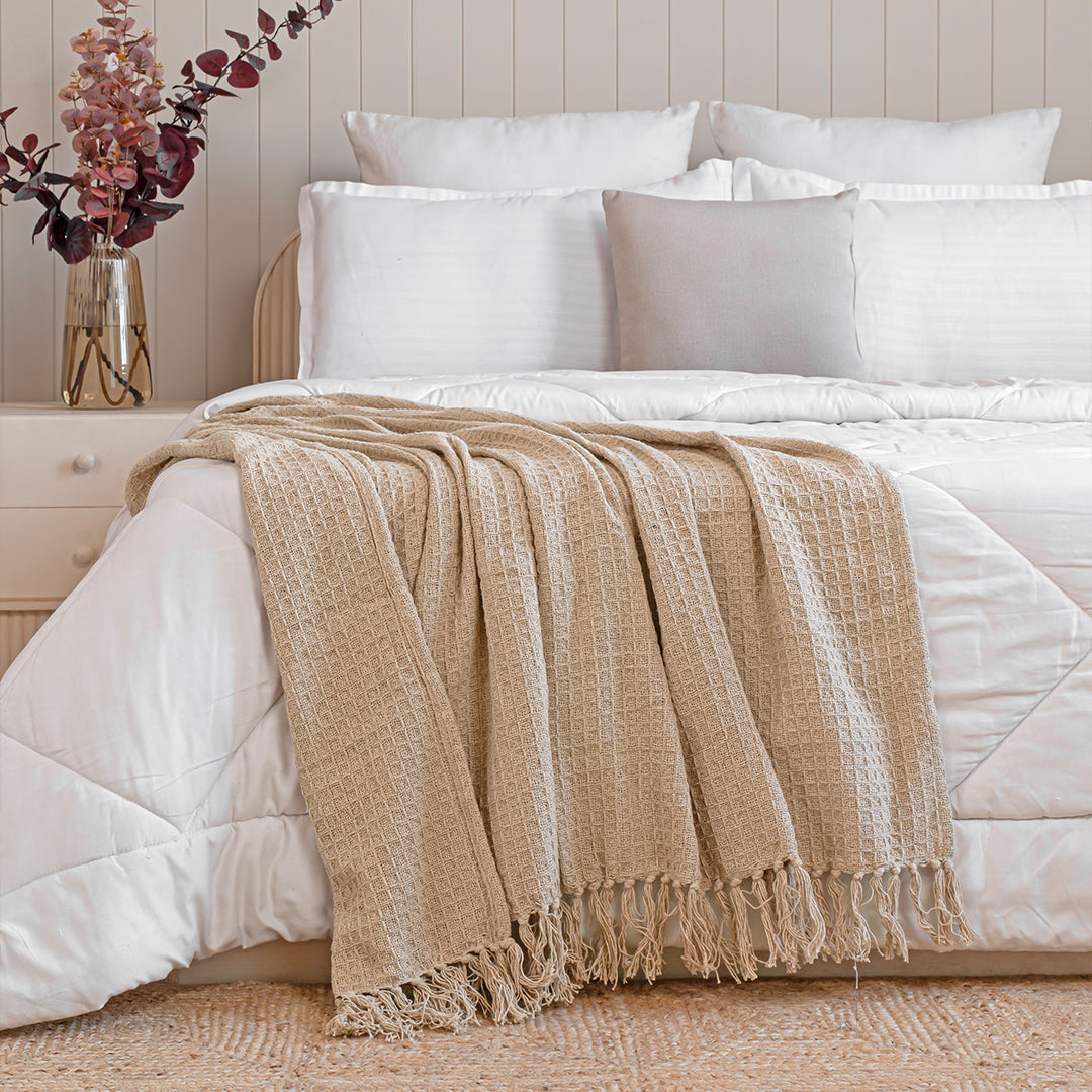 Premium Velvet Cushion Cover & Waffle Throw Combo Set