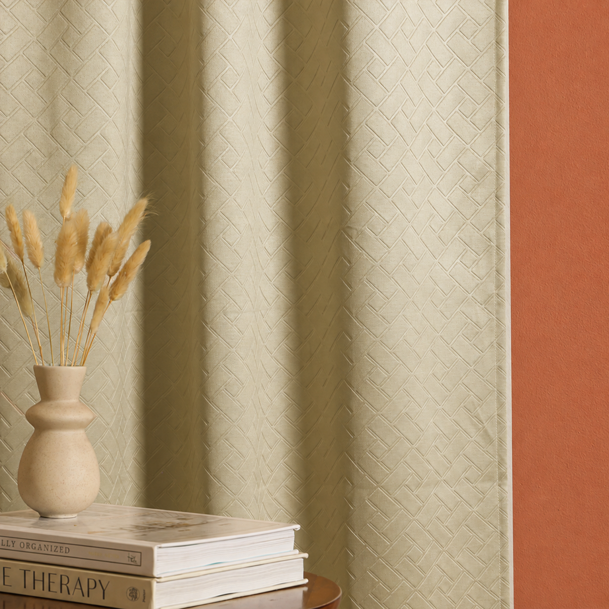Beige Embossed Blackout Curtain (Brick Lace - Eyelet)