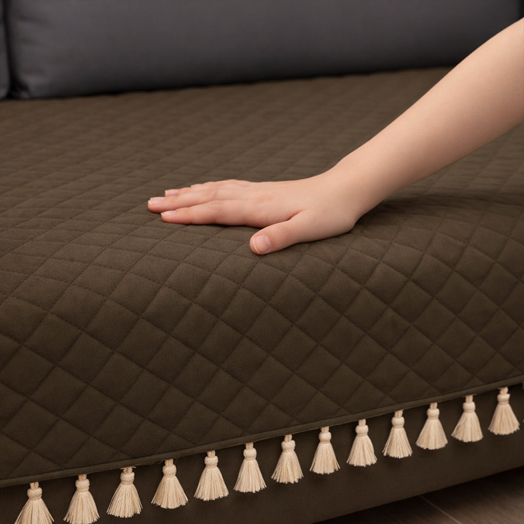 Quilted Velvet Sofa Cover with Tassels (Brown)