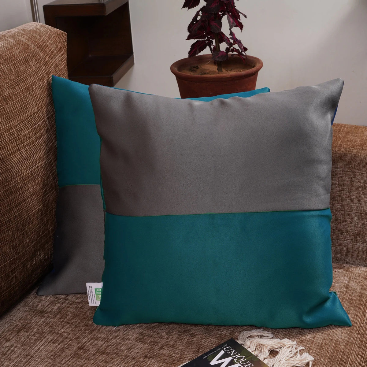 Double Color Pattern Cushion Cover (Blue & Grey)