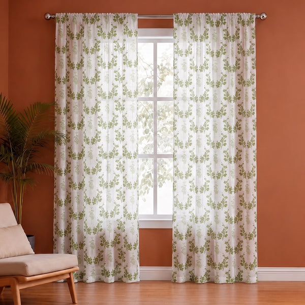 White Floral Botanic Hush Rod Pocket Printed duck Curtain