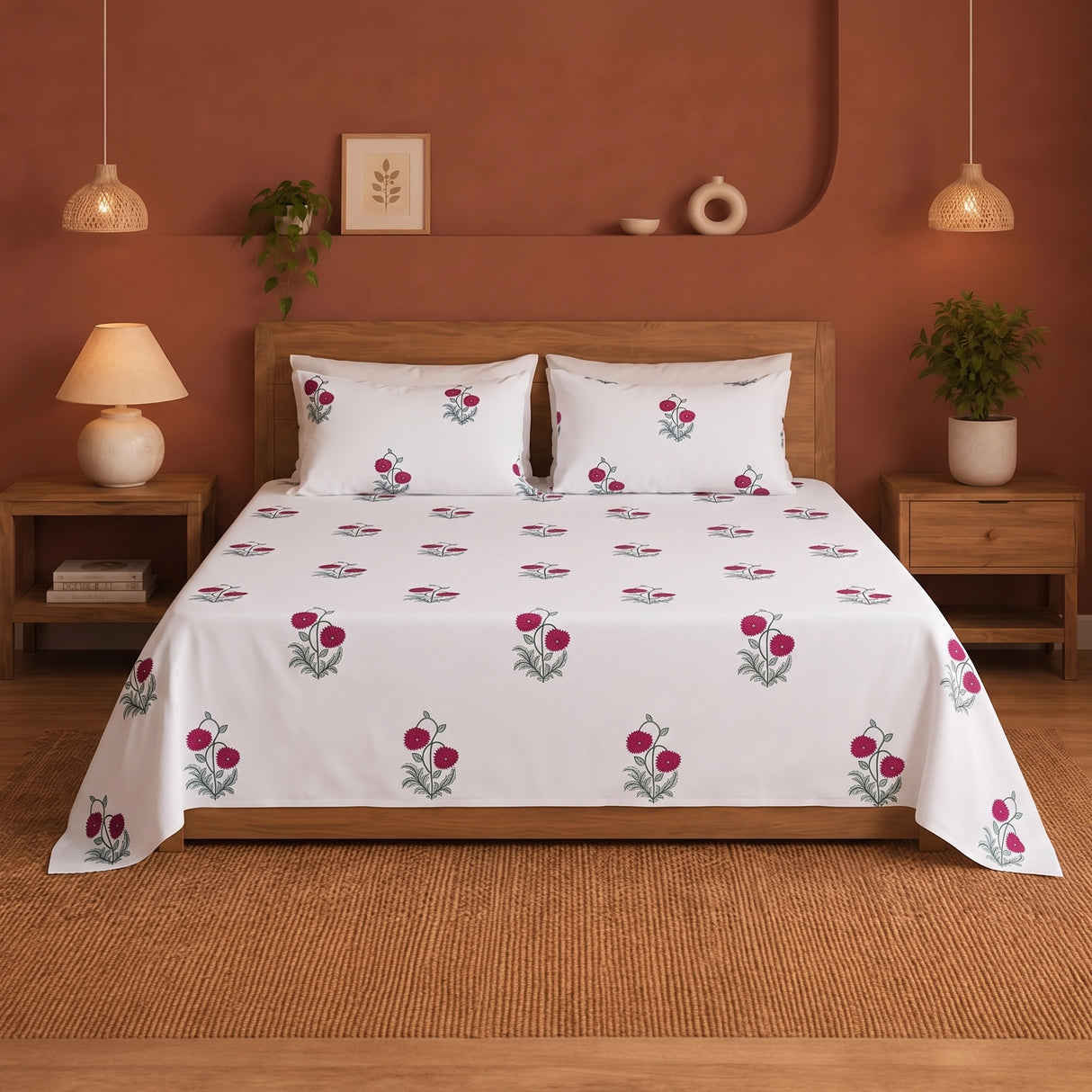 Imprimer Vignette - Floral Printed Bedsheet (Red)