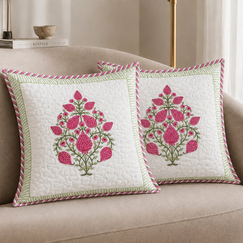 Ombre Berry - Hand Block Print Quilted Cushion Cover (Pink)