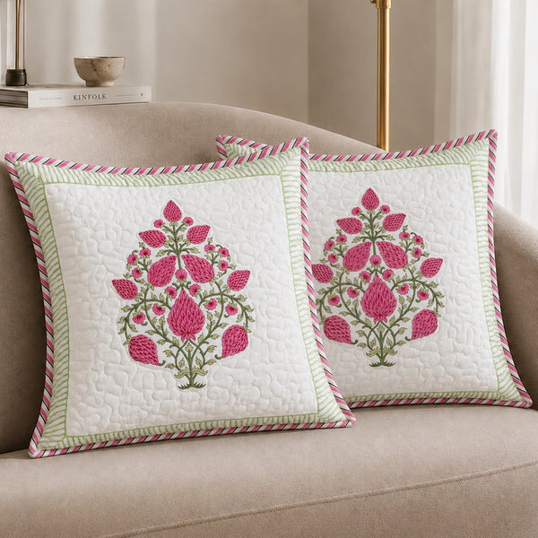 Ombre Berry - Hand Block Print Quilted Cushion Cover (Pink)