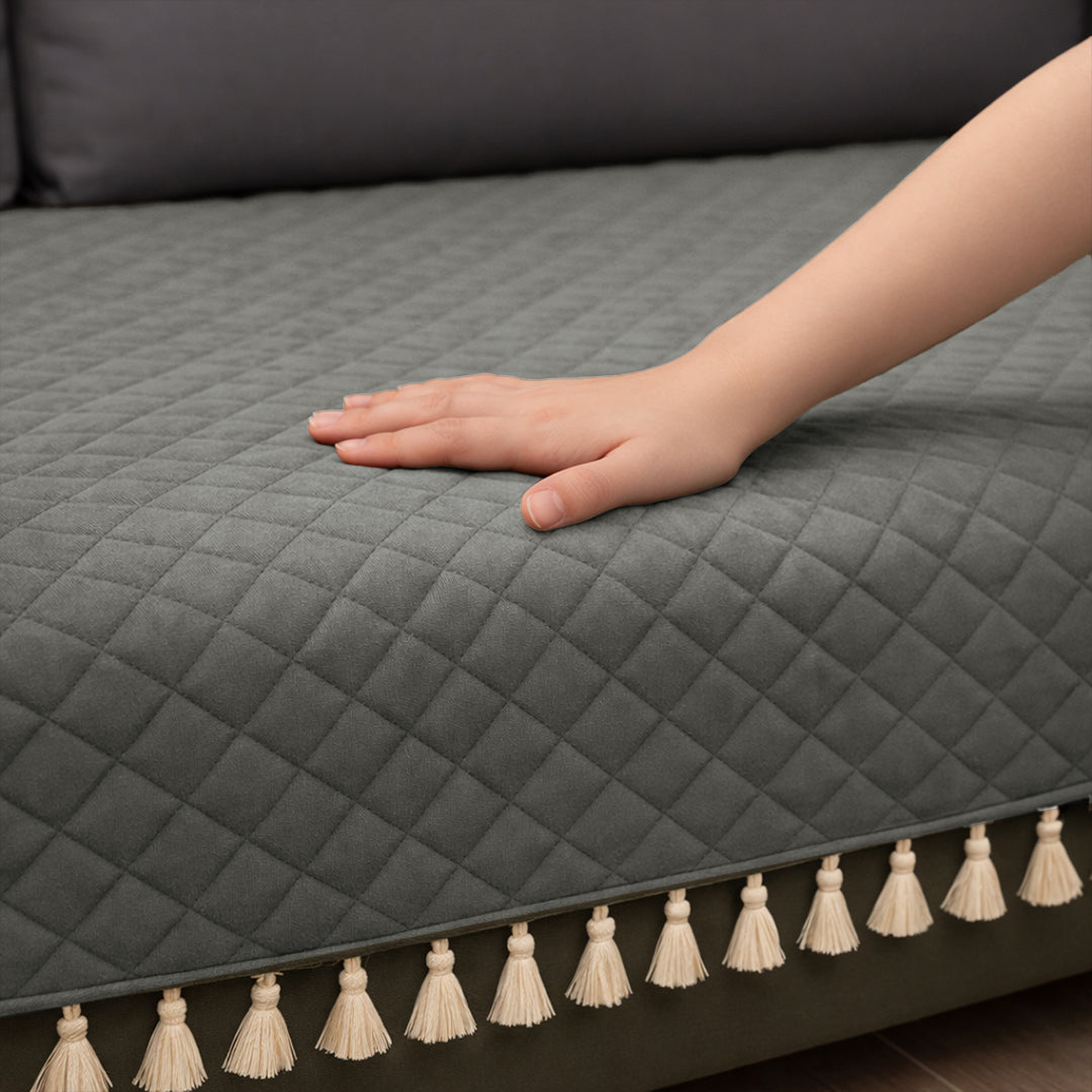 Quilted Velvet Sofa Cover with Tassels (Grey)