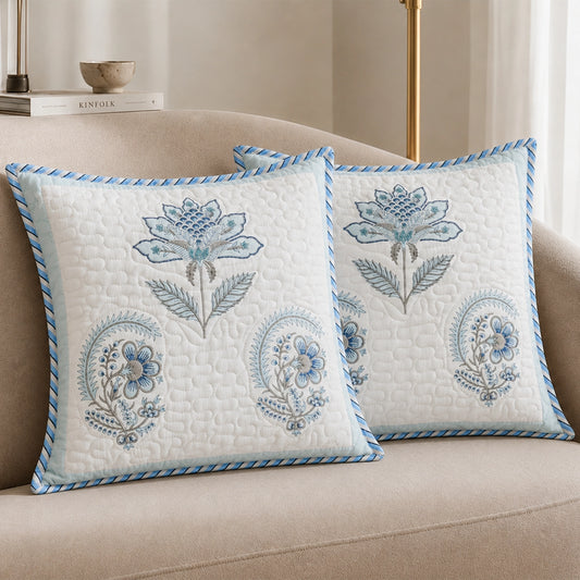 Ombre Tranquil - Hand Block Printed Quilted Cushion Cover (Baby Blue)Ombre Tranquil - Hand Block Printed Quilted Cushion Cover (Baby Blue)