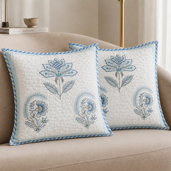 Ombre Tranquil - Hand Block Printed Quilted Cushion Cover (Baby Blue)