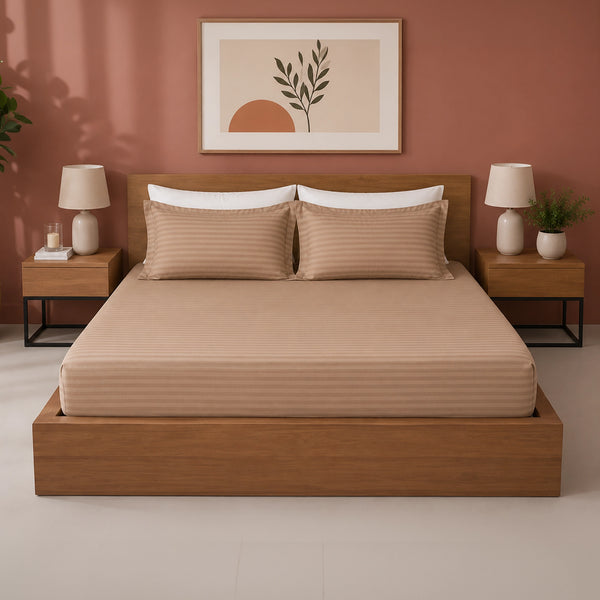 Breton Drift - Satin Stripe Fitted Bedsheet with Pillow Covers (Taupe)