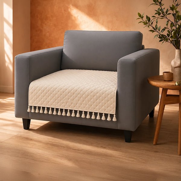 Quilted Velvet Sofa Cover with Tassels (Beige)