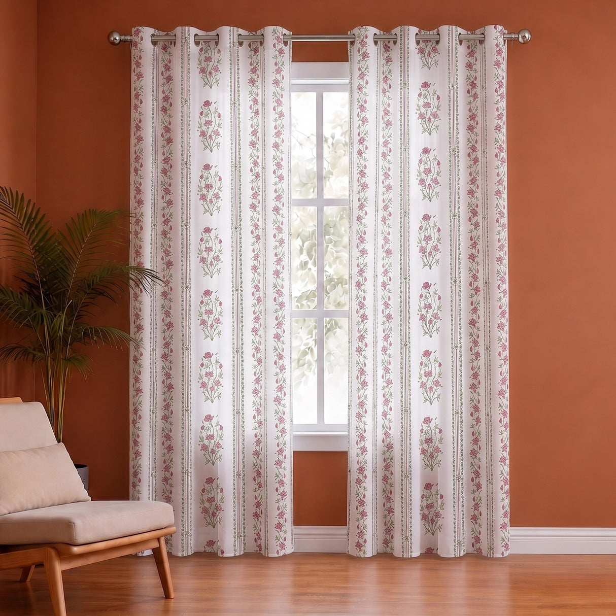 Pink Floral Petal Stripe Eyelet Printed duck Curtain
