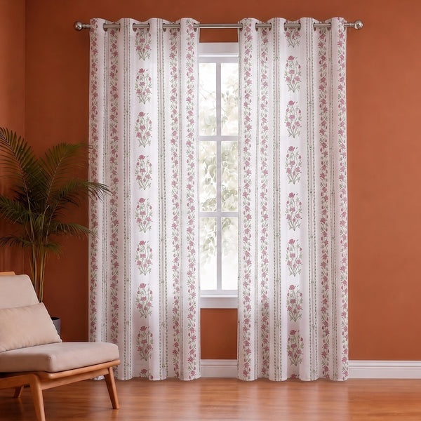 Pink Floral Petal Stripe Eyelet Printed duck Curtain