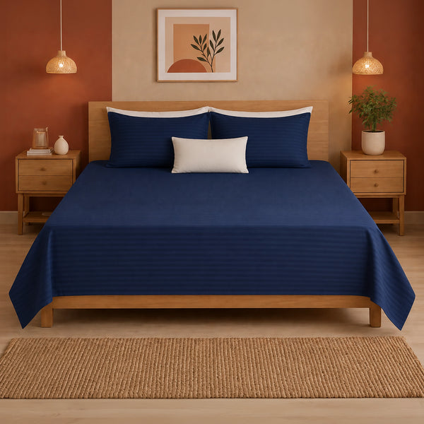 Breton Nap - Satin Stripes Bedsheet (Dark Blue)