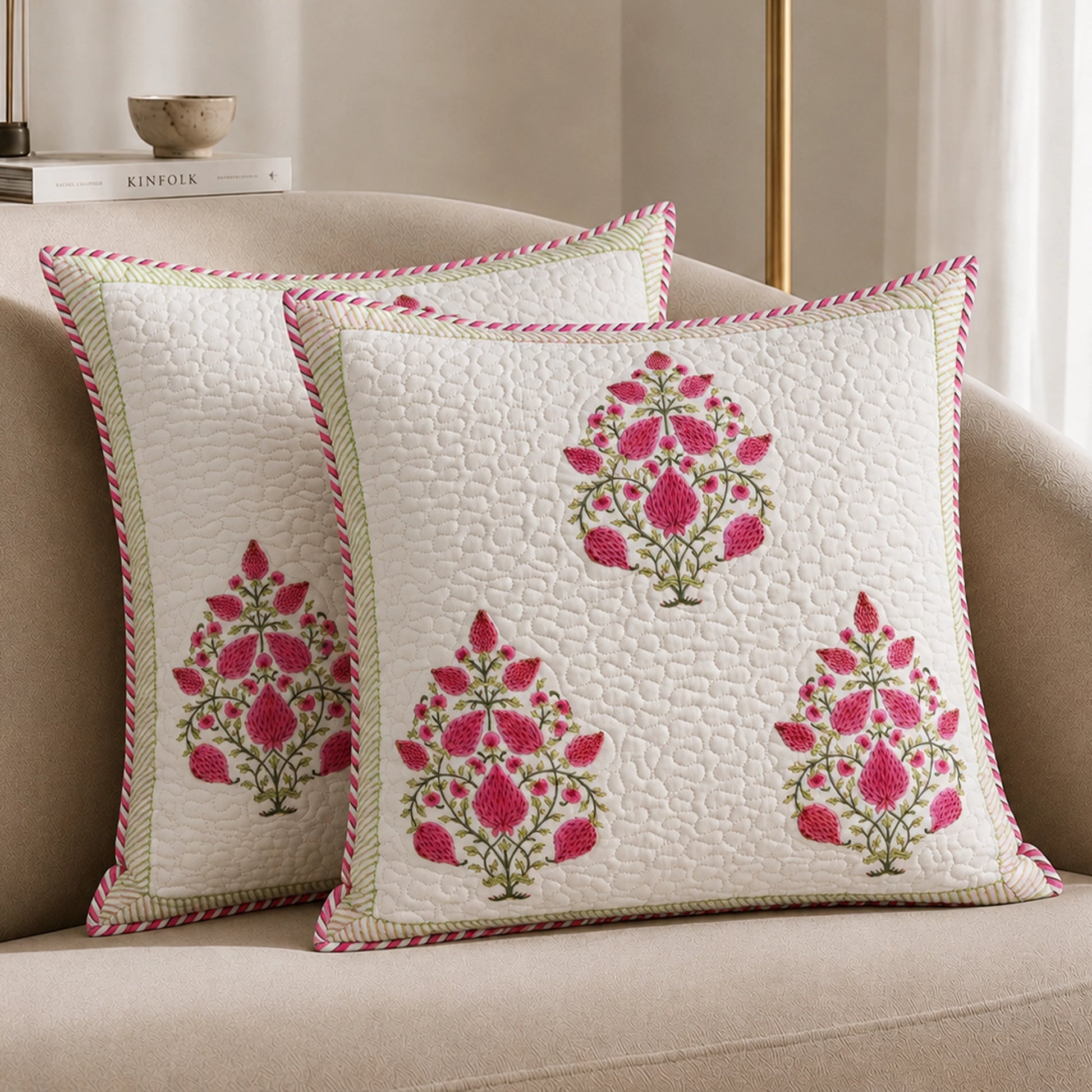 Ombre Berry - Hand Block Print Quilted Cushion Cover (Pink)
