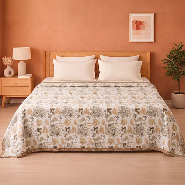Imprimer Symphony - Floral Printed Dohar (White & Dark Camel)