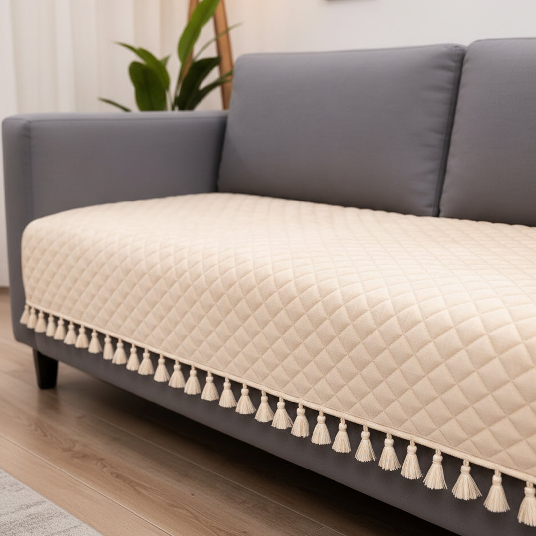 Quilted Velvet Sofa Cover with Tassels (Beige)