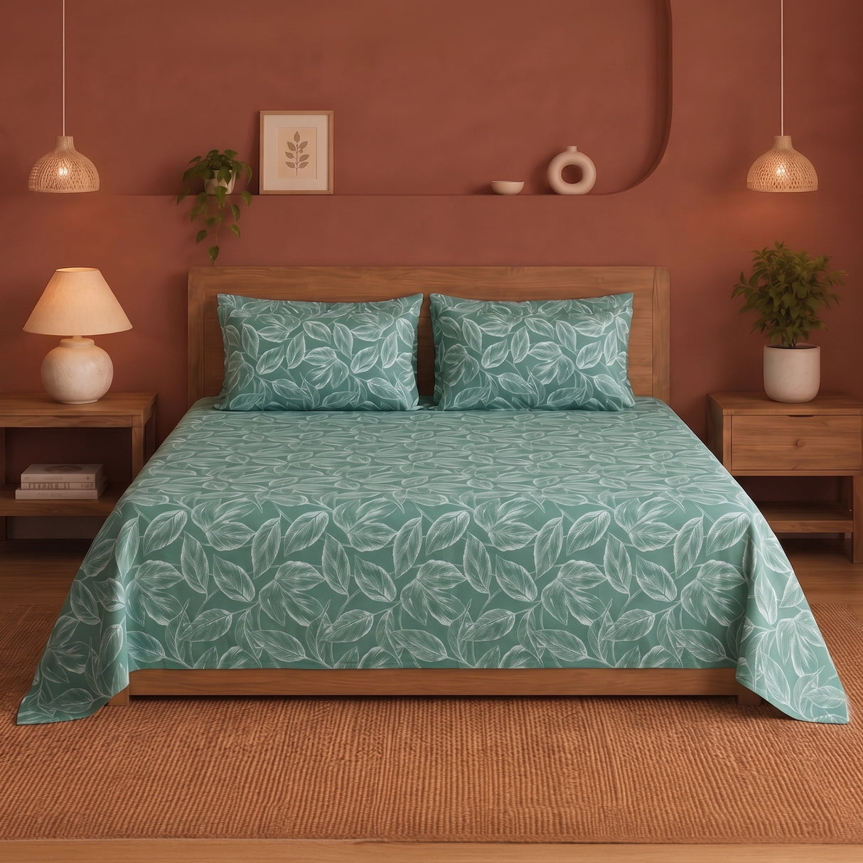 Imprimer Lilac - Leaf Printed Bedsheet (Aqua Blue)