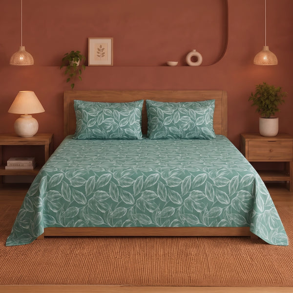 Imprimer Lilac - Leaf Printed Bedsheet (Aqua Blue)