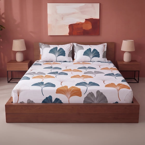 Imprimer Ginkyo - Floral Printed Fitted Bedsheet (Mustard & Grey)