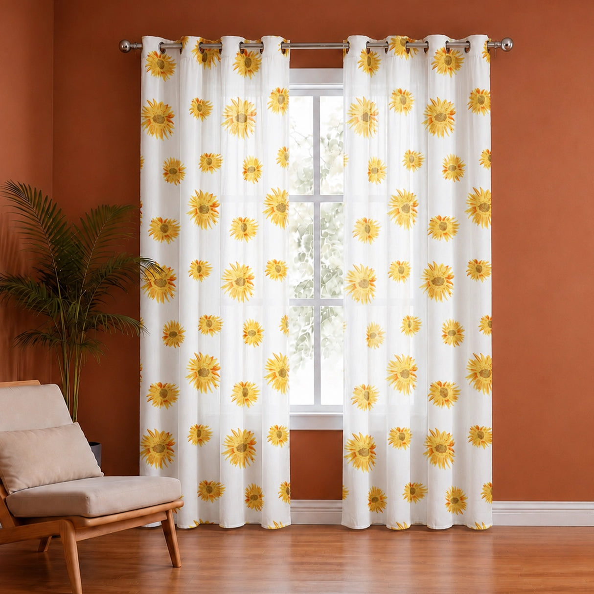Yellow Sunflower Printed Eyelet Duck Curtain