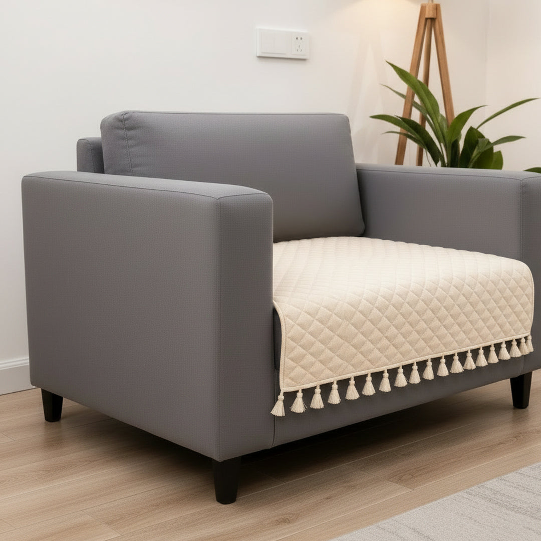 Quilted Velvet Sofa Cover with Tassels (Beige)