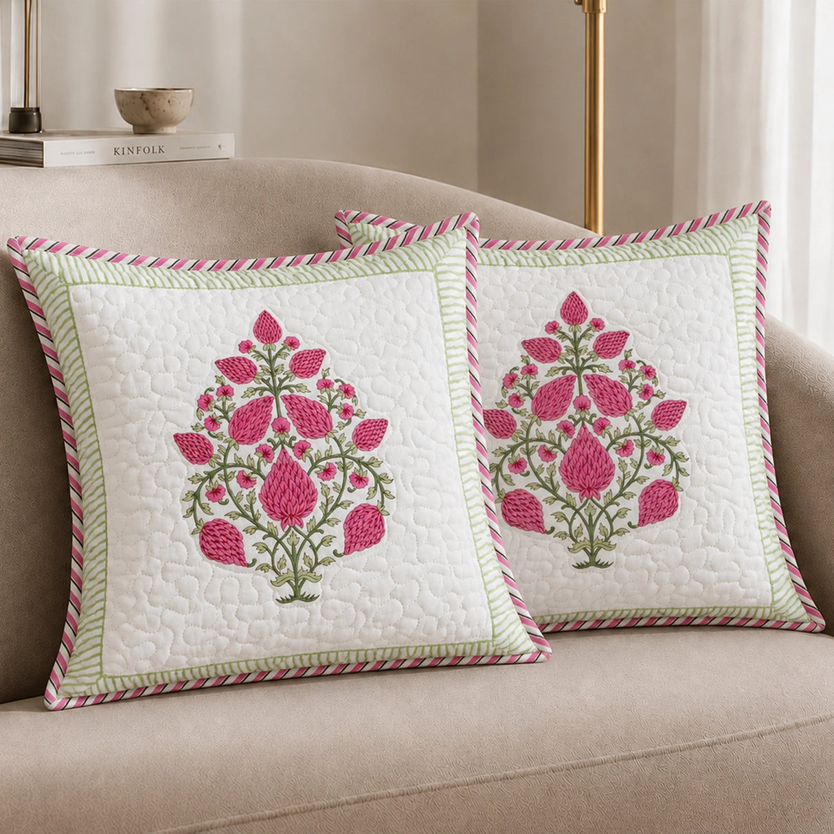 Ombre Berry - Hand Block Print Quilted Cushion Cover (Pink)