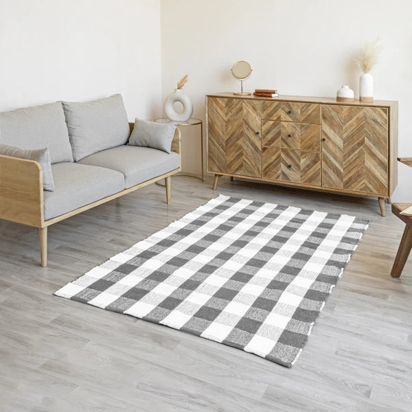 Breton Shadowplay - Plaid Rug (Grey & White)