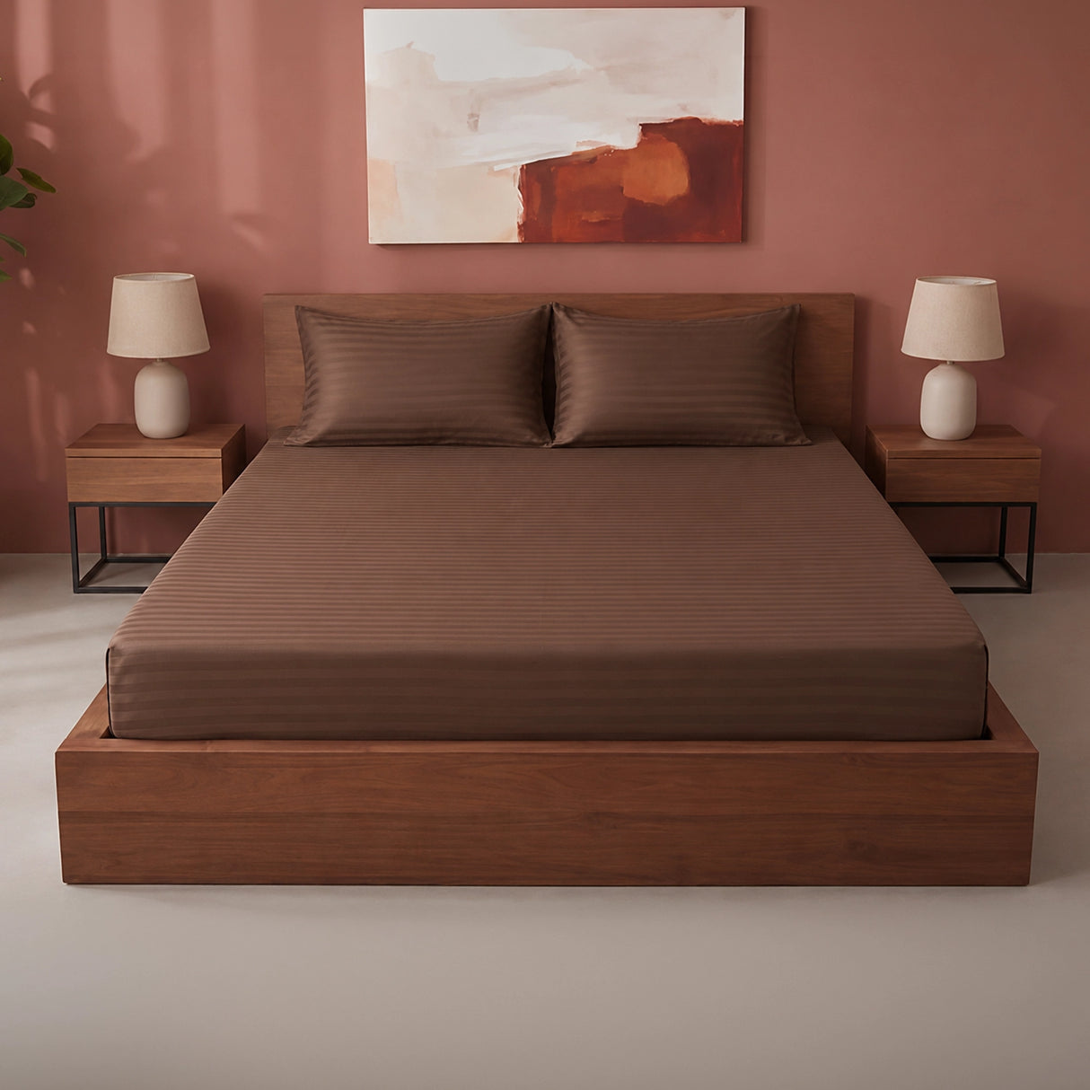 Breton Drift - Satin Stripes Fitted Bedsheet (Brown)