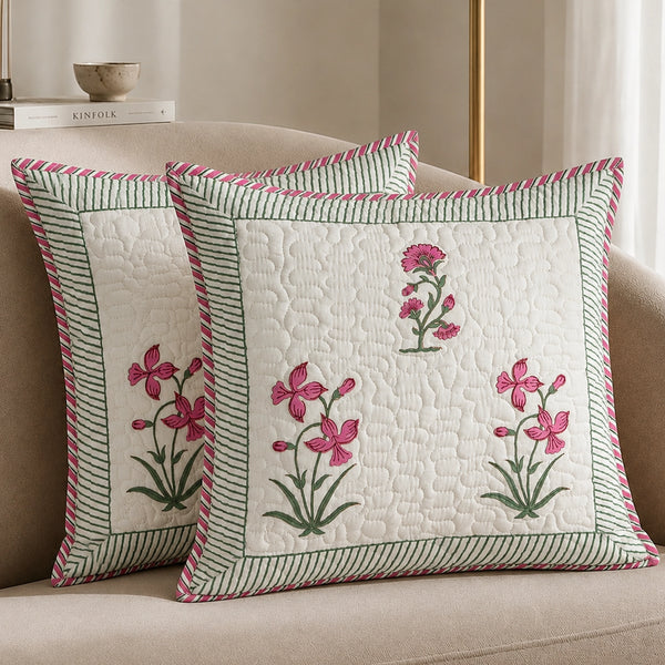 Ombre Orchid - Hand Block Print Quilted Cushion Cover (Pink)