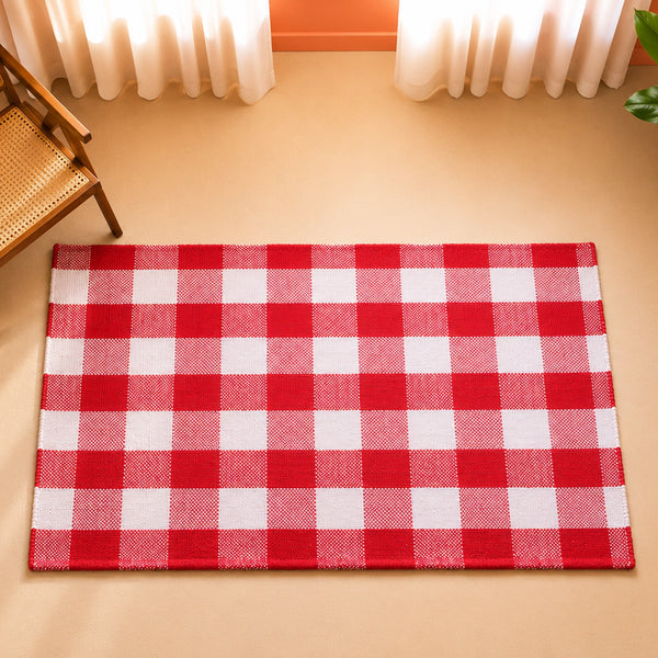 Breton Shadowplay - Plaid Rug (Red & White)